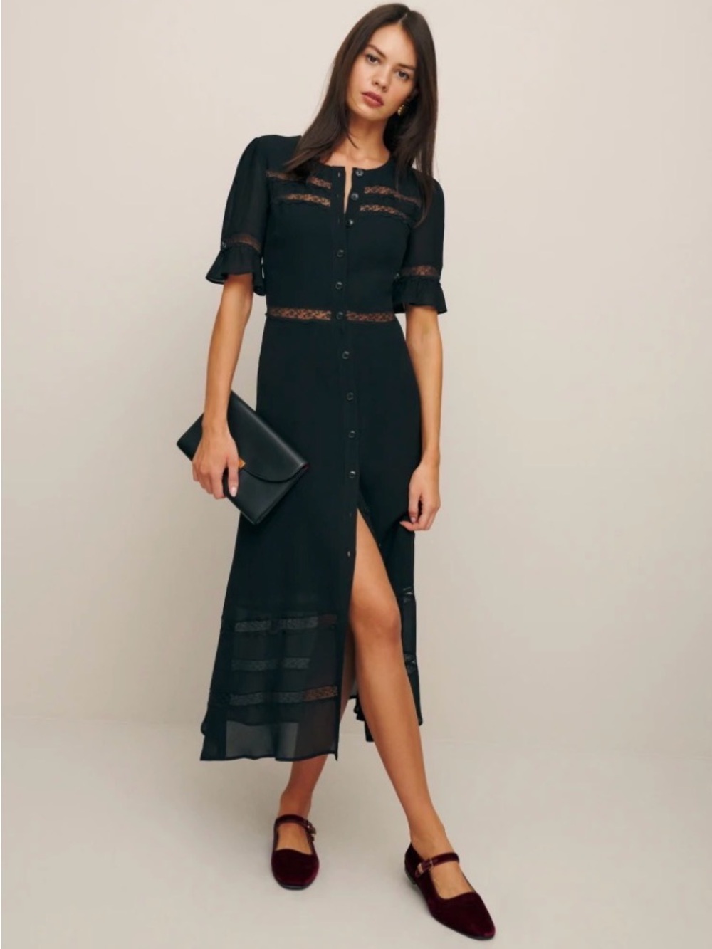 Reformation Woodson -Black Button-Front Ruffled Midi Dress